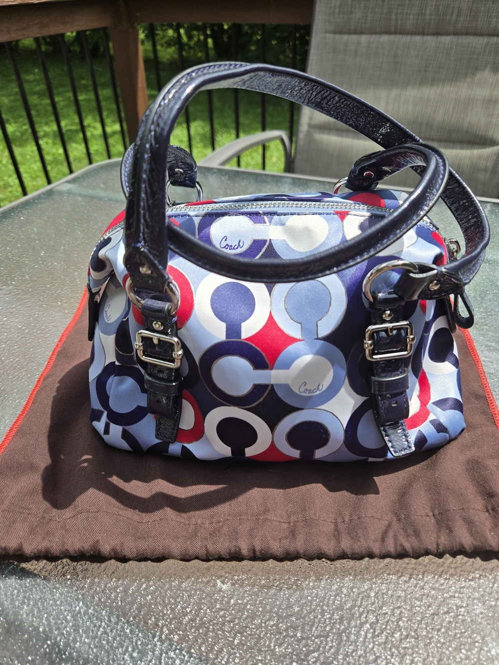 Coach Sateen Signature Circle Print Satchel - Navy, Red & White - Picture 4 of 9